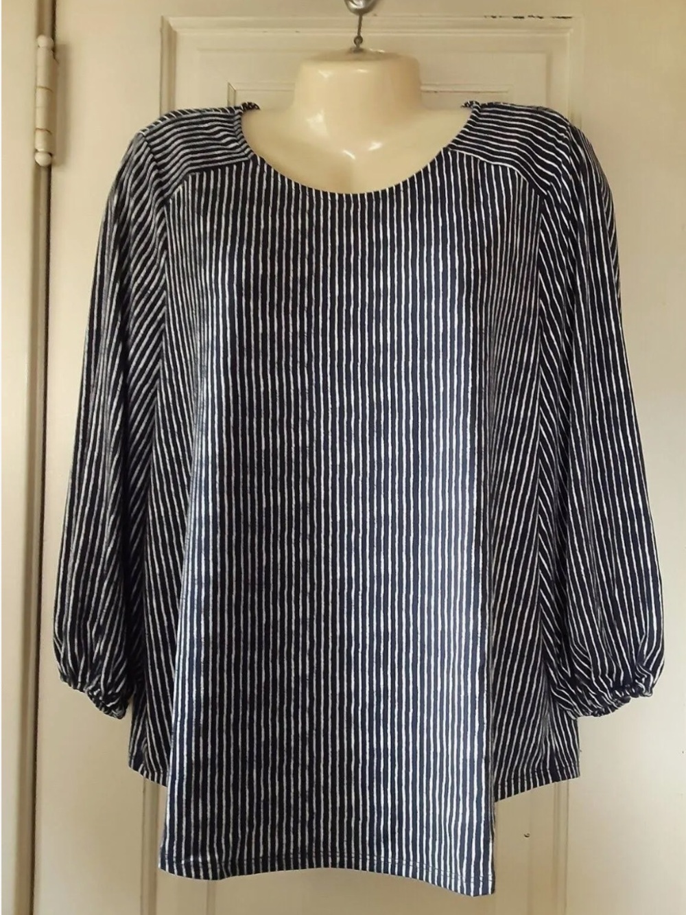 Adrianna Papell Navy and White Striped Long Sleeve Blouse